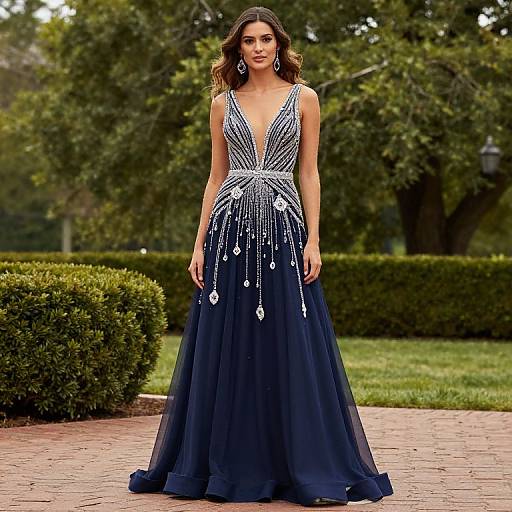 Photograph of a young woman with wavy brown hair, wearing a deep blue, sleeveless, V-neck gown with silver beading and sequins