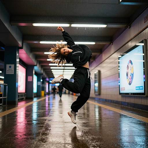 Neon Subway Breakdancer Mid-Air Spin