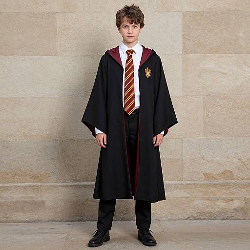 Photograph of a young boy in a Hogwarts-style black robe with red trim, white shirt, and striped tie, standing against a beige stone wall.