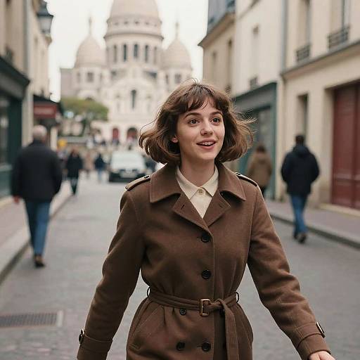 Woman Walking in Montmartre with Sacré-Cœur in Background