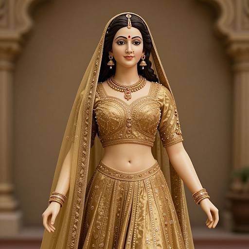 Digital artwork of a beautiful South Asian woman in a gold traditional lehenga and crop top, adorned with jewelry, wearing a veil, standing against a blurred