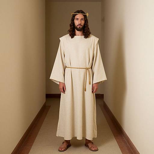 Photograph of a bearded man with long black hair, wearing a white robe, golden crown, and sandals, standing in a plain hallway.