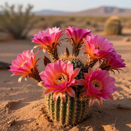 Photograph of a vibrant pink desert flower cactus with spiky green stems, blooming in a sunlit, sandy desert landscape.