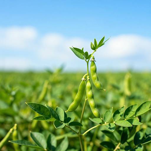 Close-up photograph of bright green pea pods on a stem, surrounded by lush green leaves, with a clear blue sky in the background.