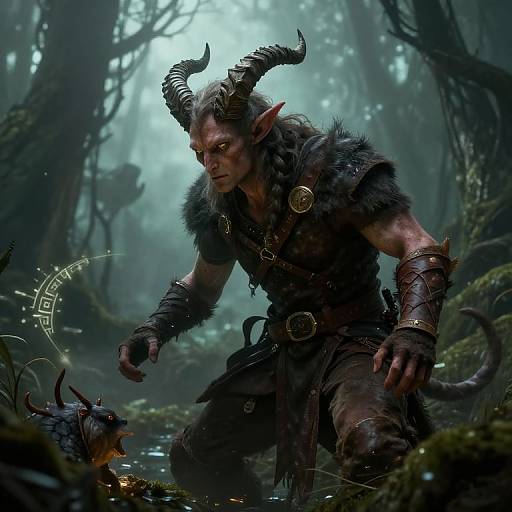 Digital fantasy artwork: Horned, muscular demon with pointed ears and dark fur armor kneeling in a misty forest, examining a small, fierce, horn