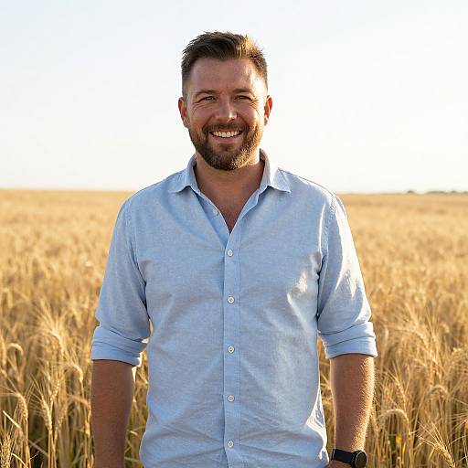 Photograph of a smiling bearded man with short brown hair, wearing a light blue button-up shirt, standing in a sunlit golden wheat field.