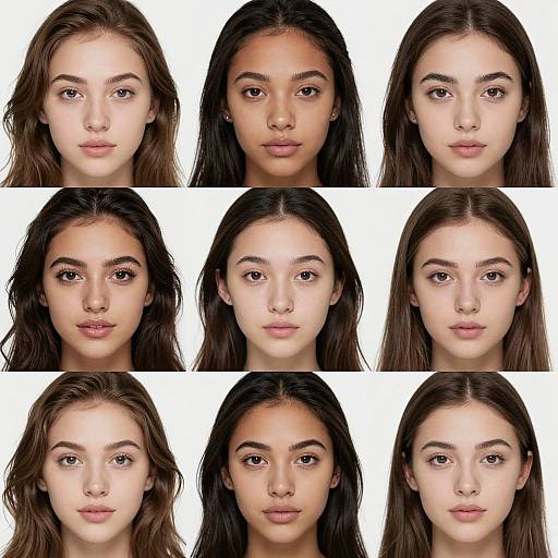 Photograph of six identical young women with long brown hair, light skin, and brown eyes, arranged in two rows against a white background, showcasing slight