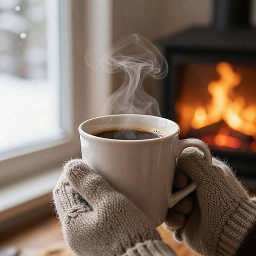 Photograph of a hand in cozy, beige knit gloves holding a steaming white mug of coffee by a glowing fireplace.