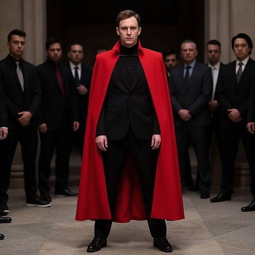 Photograph of a serious, fair-skinned man in a black turtleneck and black suit, standing center stage in a vibrant red cape, surrounded