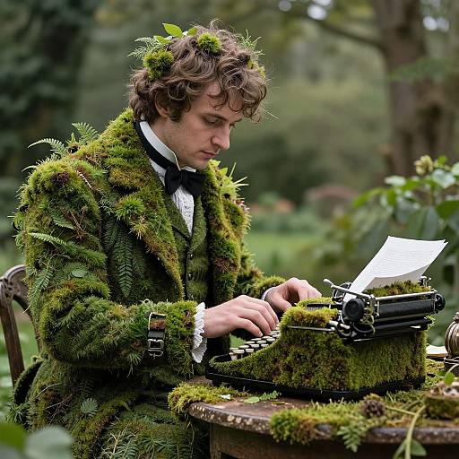 Photograph of curly-haired young man in moss-covered suit, writing with black vintage typewriter in lush, green garden. Moss adorns suit, chair