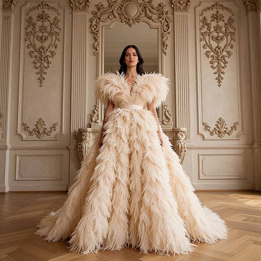Photograph of a woman in an extravagant, fluffy, cream-colored gown standing in an ornately decorated, classical-style room with intricate wall carvings