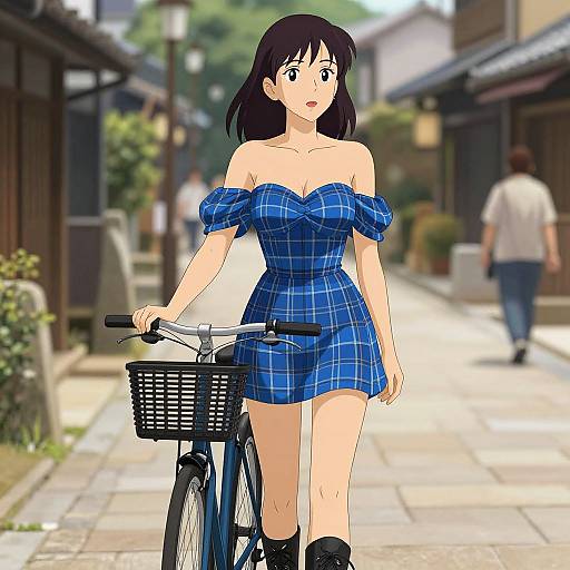 Anime-style drawing of a surprised young woman with black hair, blue plaid off-shoulder dress, and black boots, standing beside a bicycle on