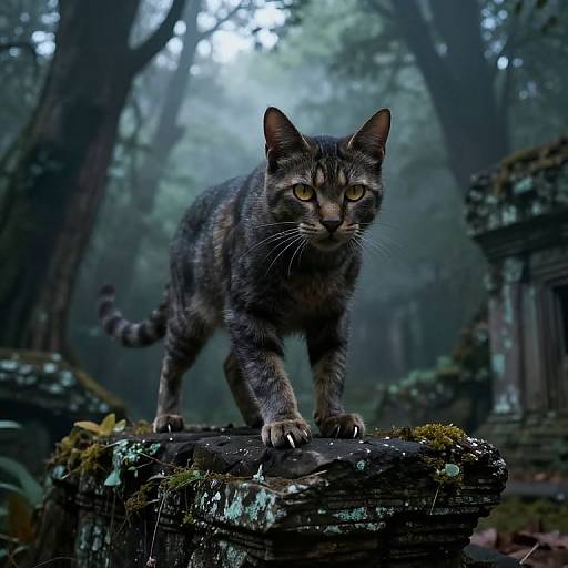 Photograph of a tabby cat with striking yellow eyes, standing alert on a moss-covered ancient stone pedestal in a misty forest.