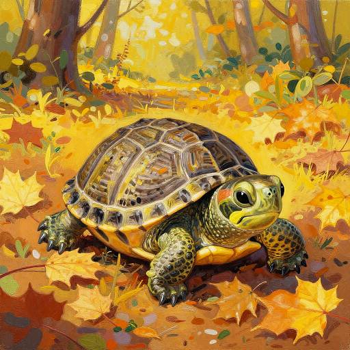 Turtle in Autumn Leaves Acrylic Painting