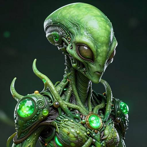 CGI alien with green, bioluminescent, and intricate mechanical features, featuring large black eyes and glowing green orbs on shoulders and chest.