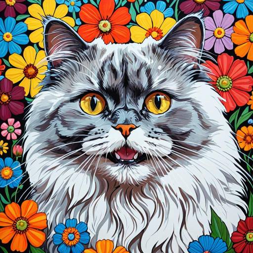 Pop Art Persian Cat with Colorful Flowers
