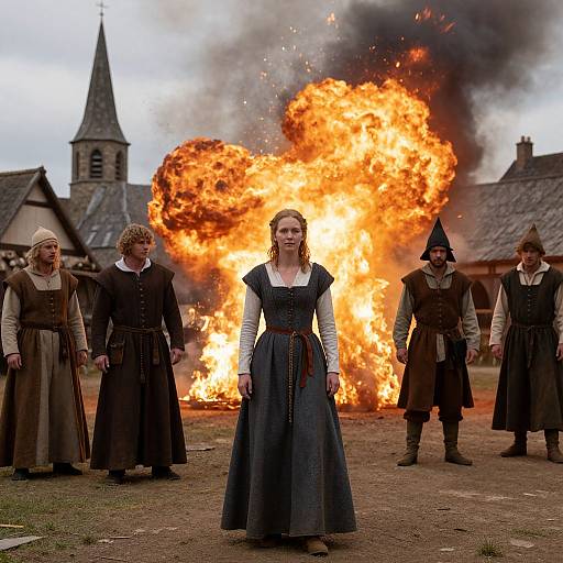 Photograph of a medieval village scene: a young woman in a blue dress stands in front of a large, fiery explosion, surrounded by four villagers in