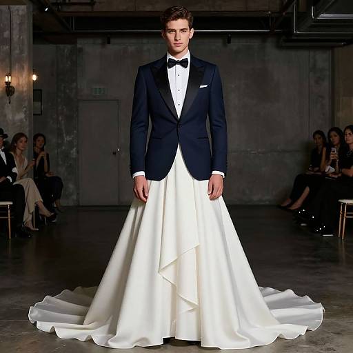 Photograph of a handsome young man in a black tuxedo with white shirt and bow tie, standing confidently in front of a white, flowing wedding