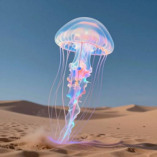 Photorealistic CGI of a glowing, translucent jellyfish with pink and blue hues, floating above a sandy desert under a clear blue sky.