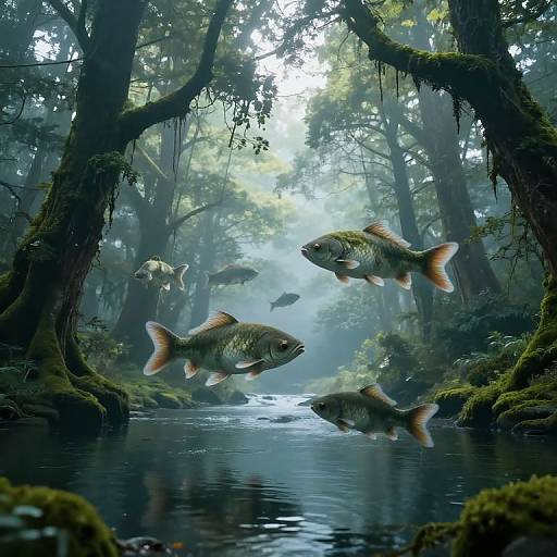 Mystical Forest with Floating Giant Fish