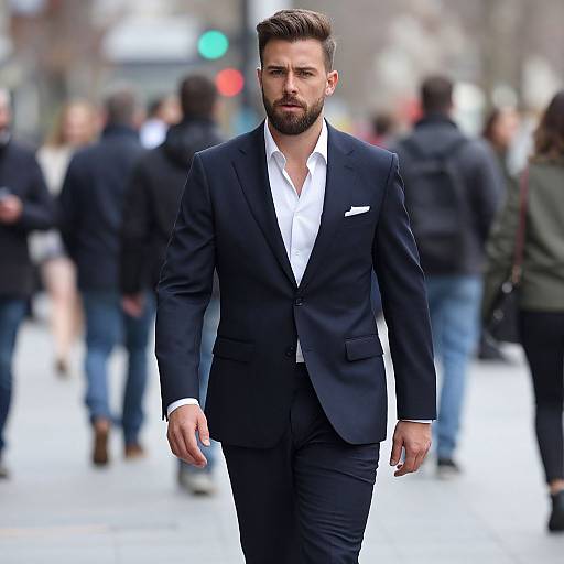 Confident Bearded Man in Navy Suit