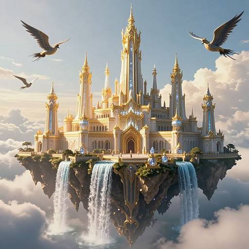 Digital fantasy artwork of a golden, ornate castle with waterfalls, floating among clouds, surrounded by flying birds, under a bright sky.