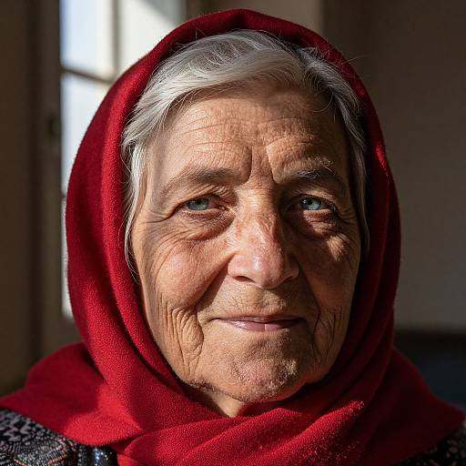 Photograph of an elderly woman with wrinkled skin, white hair, and blue eyes, wearing a vibrant red headscarf, smiling softly in natural