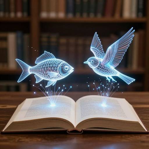 Digital CGI of an open book with glowing blue wireframe fish and bird flying above, surrounded by sparkles, in a dark library.