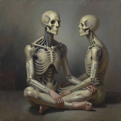 Photorealistic digital painting of two skeletal figures sitting cross-legged, facing each other, with hands gently touching, against a dark, gradient background.