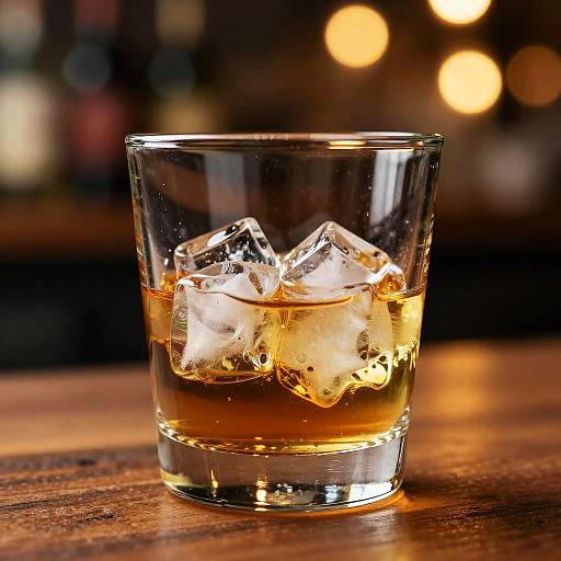 Photograph of a clear glass filled with amber whiskey and three large ice cubes, set on a wooden surface with a blurred, warm-lit background.