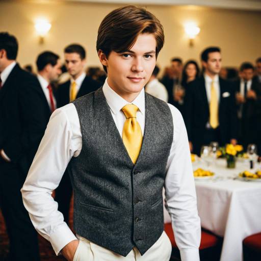Young Man in Vest and Yellow Tie at Formal Event