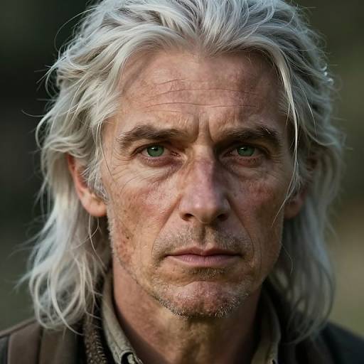 Close-up photograph of an older man with long, wavy white hair, green eyes, and a weathered face, wearing a brown jacket.