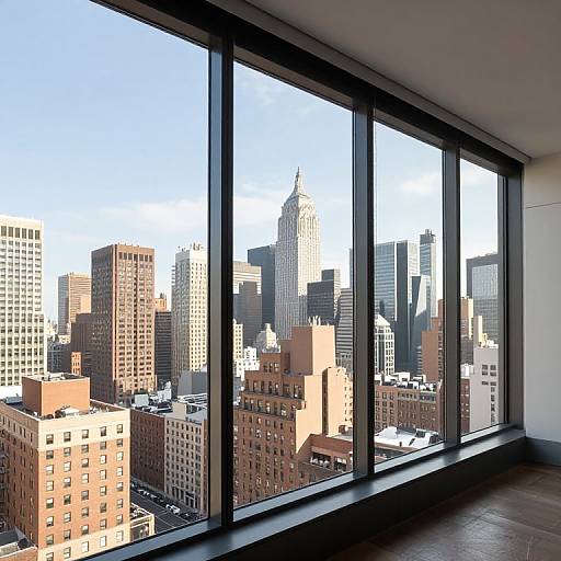 Photograph of a city skyline through large floor-to-ceiling windows, showcasing various skyscrapers and brownstone buildings under a clear blue sky.