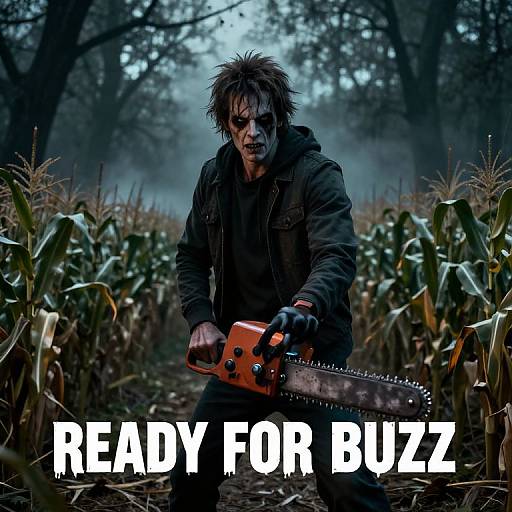 Photograph of a rugged, dirty, disheveled man with wild hair, holding an orange chainsaw, in a misty cornfield at night