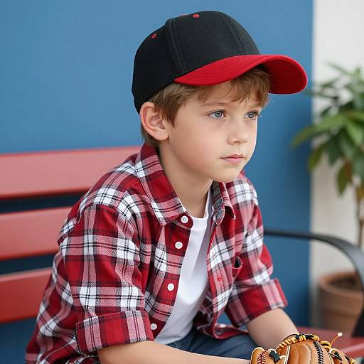 Boy in Baseball Cap with Glove Sitting on Bench