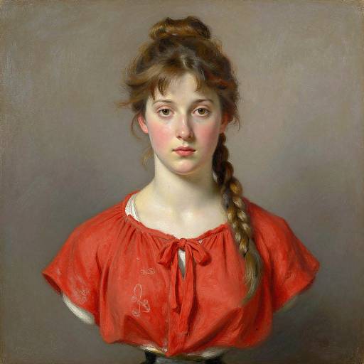 Digital painting of a young woman with fair skin, brown hair in a braid, wearing a red blouse, neutral background.