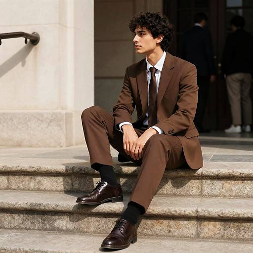 Young Man in Brown Suit on Steps