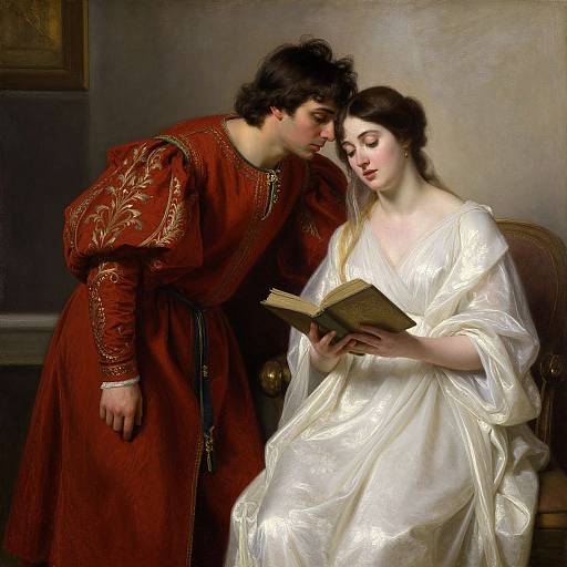 Romantic 19th-century painting of a dark-haired man in red, ornate medieval-style robe leaning over a fair-haired woman in a white,