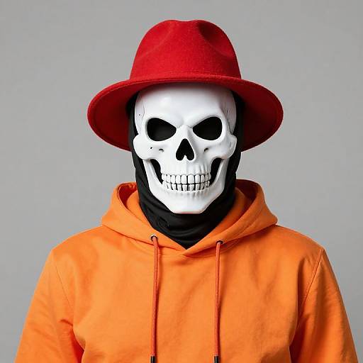Photograph of a white skull wearing a red hat and an orange hoodie, with a black scarf covering the neck. Gray background.