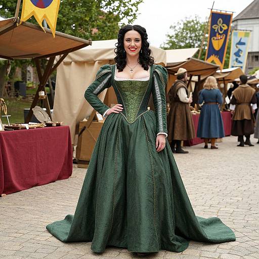 Photograph of a smiling woman with curly black hair, wearing a green Renaissance-style gown with puffed sleeves, standing in a medieval market with tents and