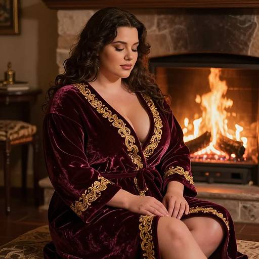 Busty Figure by Fireplace in Velvet Robe
