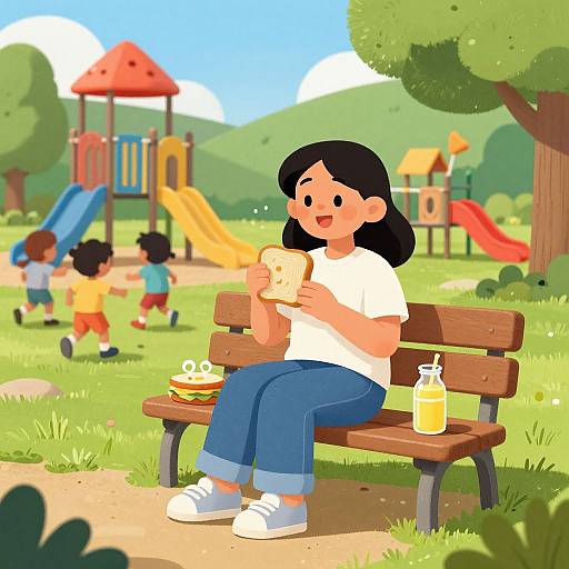 Cartoon-style digital drawing: Girl with black hair, white shirt, blue jeans, eating sandwich on park bench, juice box beside her, playground and