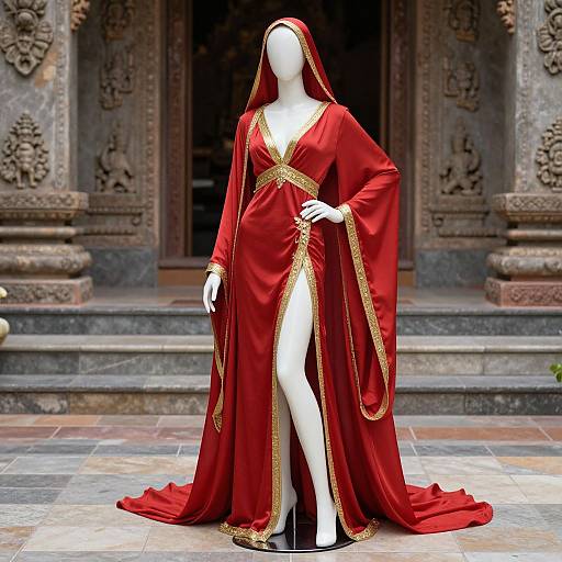 Photograph of a faceless white mannequin in a regal red velvet robe with gold trim, standing in front of an ornate, ancient