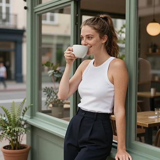 Cheerful Woman Enjoying Coffee in Café