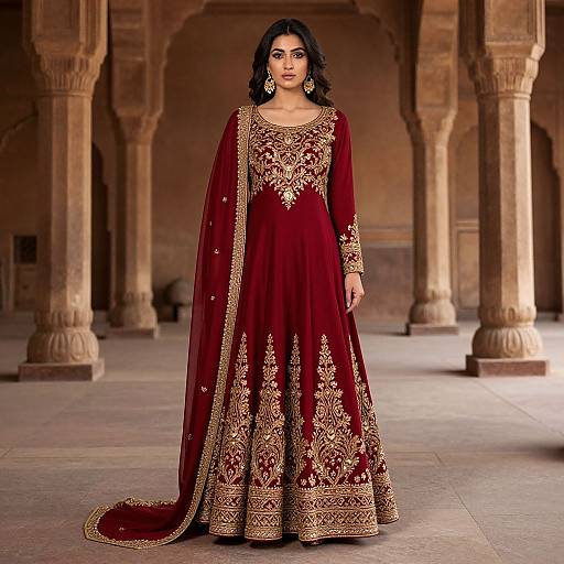 Photograph of a South Asian woman in a rich red traditional lehenga with gold embroidery, standing in a historic, stone-columned courtyard.