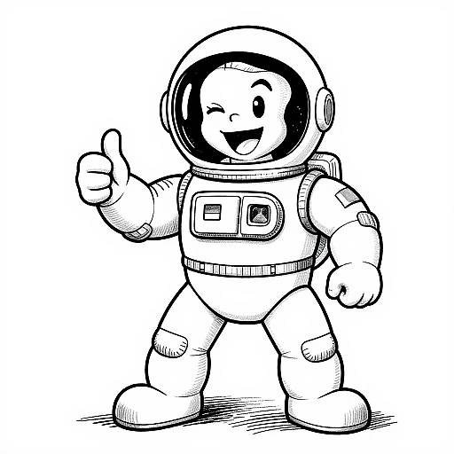 Black-and-white cartoon drawing of a smiling astronaut giving a thumbs-up, wearing a helmet and bulky suit, with a square patch on the chest.