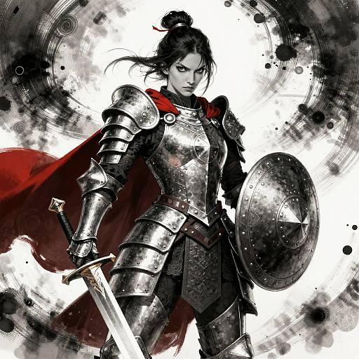 Digital anime-style drawing of a fierce female warrior in silver armor, red cape, holding a sword and shield, with dynamic black and white background.
