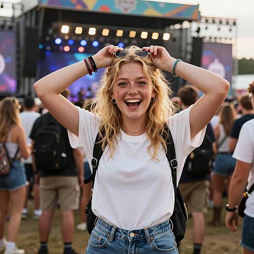 Photograph of a smiling, blonde-haired woman in a white t-shirt and denim shorts, holding sunglasses above her head at a lively outdoor concert. Background