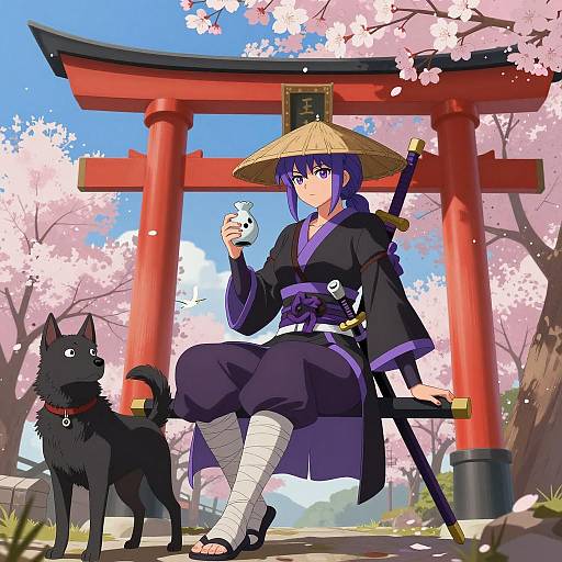Anime Purple-Haired Woman with Swords by Torii Gate