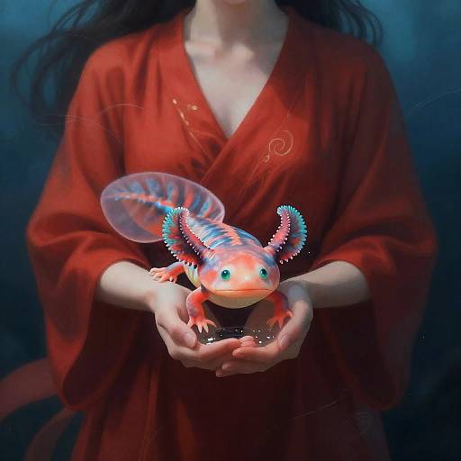 Red Silk Woman Cradling Bioluminescent Axolotl
